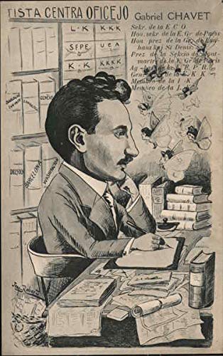 Esperanto Gabriel Chavet writing at desk talking to fairies Caricatures Original Antique Postcard