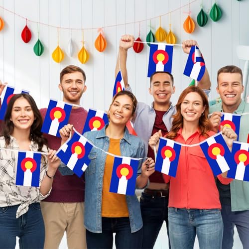 Image of 32.8 ft Colorado Flag Banner, 30 Pcs Mini State String Flags, Red Blue White Gold Bunting for Colorado Day, Parades, Outdoor Events, Home, Garden, and Festival Decorations