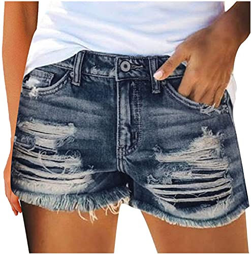 Skrsila Damen Jeans Shorts Sommer Denim Kurze Hose Basic in Aged-Waschung Jeans Bermuda-Shorts High Waist Jeansshorts Destroyed Loch Hotpants Quaste Jeans Shorts Cover