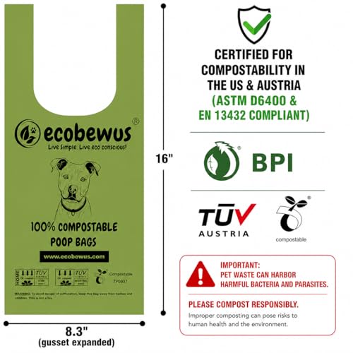 Image of 100% Compostable Handle-Tie Doggy Poop Bags (240 Bags) 16 Refill Rolls Plant-Based Cornstarch ASTM D6400 & EN 13432 Compliant HOME Certiified Compostabel Pet Dog Waste Bags (240 ct.)