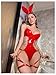 BEAUDRM Women's 4 Piece Sexy Lingerie Set PU Leather Backless Chain Lingerie Bunny Bodysuit with Garter and Headband Cosplay Red X-Large