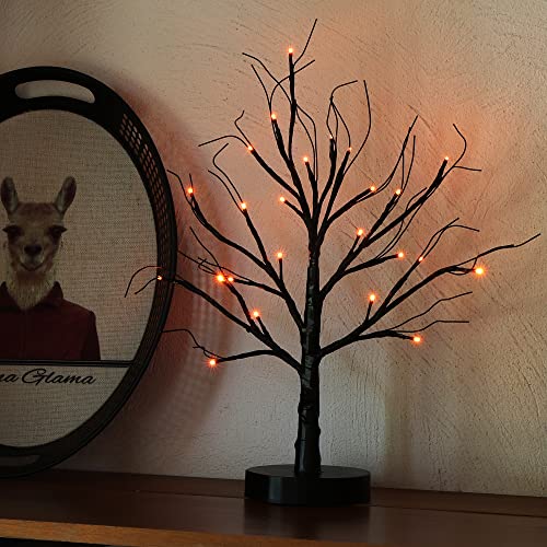 Lighted Black Artificial Spooky Tree, 18 Inch Halloween Tabletop Tree With Orange Lights 24 Led Table Centerpiece With Timer, Usb & Battery Operated For Indoor Office Home Bedroom Desktop Use #TOP6