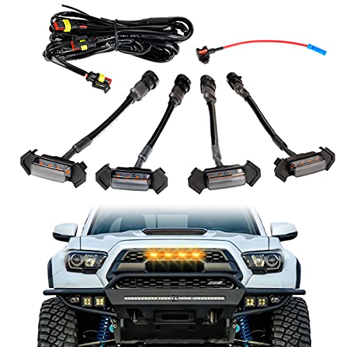 LED Grille Lights with 4 leads Harness & Fuse,4Pcs ABS Plastic Auto Grille LED Lights Front Bumper Cover Lamp Fit for Toyota Tacoma 2016, 2017, 2018,2019 TRD PRO Grille (Yellow)