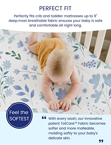 Image of TotAha Premium Stretchy Crib Sheets (2-Pack)-Hypoallergenic, Silky Comfort, Buttery Soft, Calming Effect, All-Season Jersey-Knit Sheets, 28 X 52 X 9'' (Blue Flower & Small Floral)
