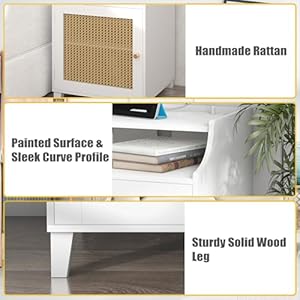 WiberWi Night Stand White Nightstand with Charging Station Farmhouse Bedside Table with Rattan DoorAdjustable Storage Shelf Rustic Wood Couch Side Table End Table for Bedroom