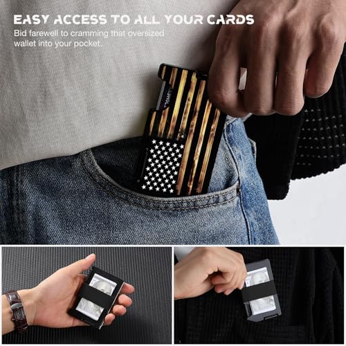 Wallet for Men, Minimalist Card Holder with Cash Strap, Slim Metal Front Pocket Wallet, RFID Blocking, Personalized Wood American Flag4