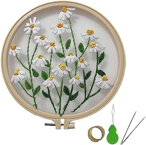 mopulo Clear Embroidery Kit for Adults Beginners Starter Cross Stich Kit with Daisy Pattern Clear Organza Stamped Embroidery Cloth Hoops Threads Needles Easy Handmade Needlepoint Kits,Daisy