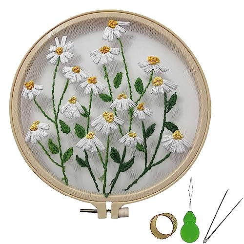 Mopulo Clear Embroidery Kit For Adults Beginners Starter Cross Stich Kit With Daisy Pattern Clear Organza Stamped Embroidery Cloth Hoops Threads Needles Easy Handmade Needlepoint Kits,Daisy #TOP8