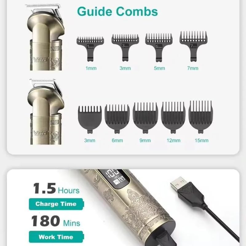 VGR V-110 Trimmer showing charging time and work time, with USB cable