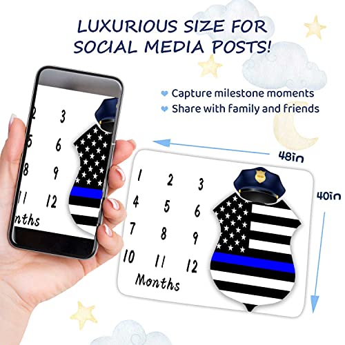 Image of American Flag Milestone Blanket Police Cap Blue Line Flag | Warm Swaddling, Room Decoration, Warm Swaddling Blanket, 48x40in, BTZZFH86
