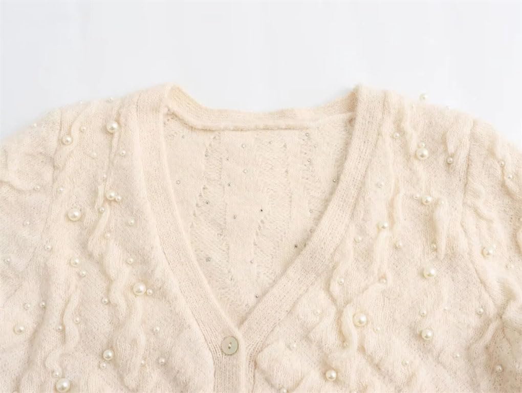 Women Arrival Gentle Style Heavy Sweater Beadwork Decoration V-Neck Textured Long-Sleeved Knitted Sweater