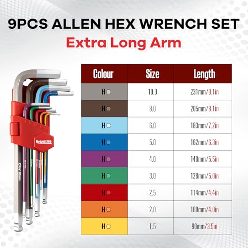 Image of 9PCS Extra Long Arm Allen Wrenches Set, Metric Ball End Hex Key Set(1.5mm-10mm), Color-Coded Anti-Slip Wrenches For Bike Repair, Furniture Assembly, Motorcycle Maintenance,DIY Project.