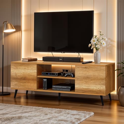 Image of ABOUT SPACE TV Unit - Engineered Wooden TV Stand Table with Bottom Open Storage, Adjustable Shelves & 2 Closed Cabinets for Set Top Box WiFi Router Stand (CM Oak - L 136 x B 40.5 x H 53 cm)