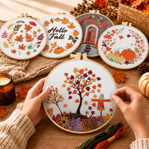 Image of 5 Sets Fall Embroidery Kits for Beginners, Autumn Pumpkins and Maple Leaves Embroidery Starter Kit for Adults Thanksgiving Gifts with Stamped Pattern DIY Needlepoint Kit Cross Stitch Set with 2 Hoops