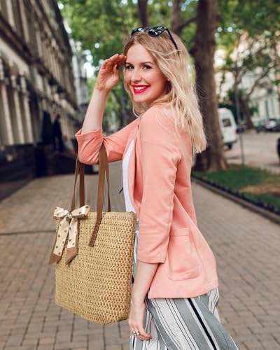 Image of Beach Bags for Women - Straw Bag with Zipper, Soft Woven beach bag, Casual Straw Shoulder Bag for Daily Use