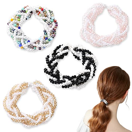 4 Pcs Hair Scrunchies Hair Ties For Women Girls, Crystal Beads Hair Ties Hair Ropes, Bead Ponytail Holders Boho Hair Elastics Ties Handmade Hair Bands For Women And Girls Rubber Bands #TOP8