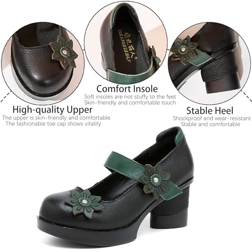 Women's Cow Leather Flowers Block Heel Mary Janes Pumps with Hook Loop Retro Comfortable Closed Round Toe Anti-Slip Platform Chunky High Heels Sandals for Prom Party Wedding3