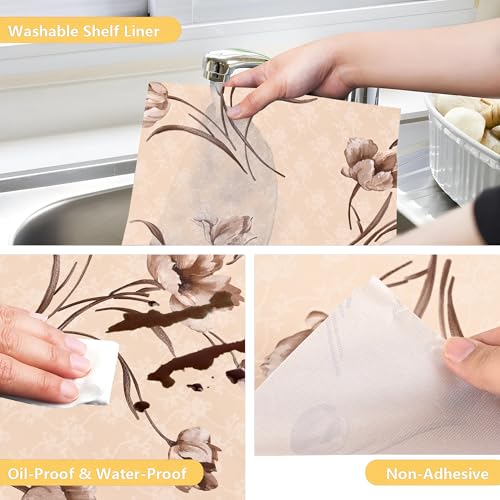 Image of Kuber Industries Pack of 2 Waterproof & Durable 5 Meterss Kitchen Mats for Shelf Liner Roll | Wipeable Fridge Sheets for Shelves Cabinet Drawer | Brown Flowers Print - Cream