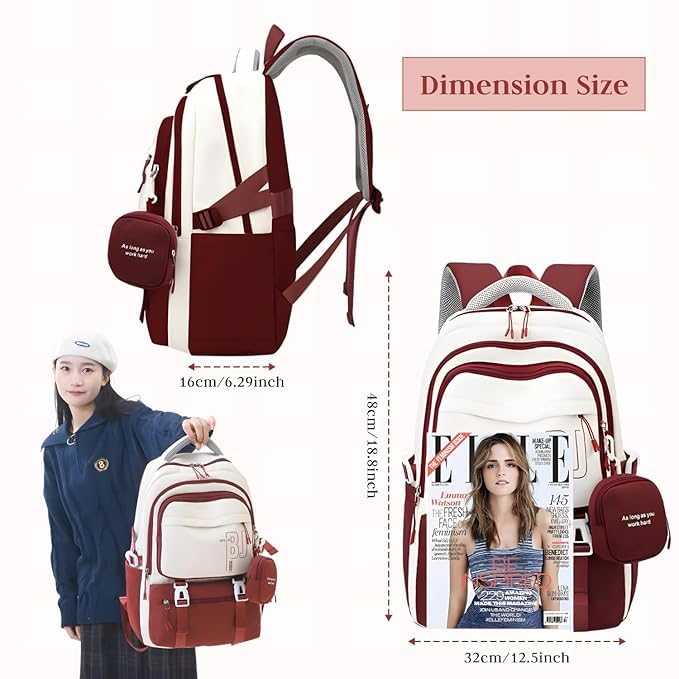 Image of Girls School Backpack with Small Zipper Pouch Fashion Nylon Backpack Multi Compartment Large Capacity Bag with Padded Shoulder Straps & Handle for School Travel Camping College