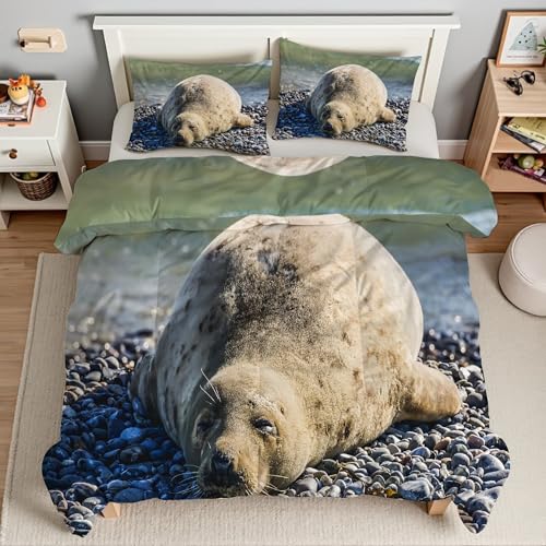 石羽毛布団 3Dアザラシ掛け布団 ド ソフト 冬 キルト オールシーズン被子ソフトふわふわマイクロファイバーウォッャブル 掛け布団暖かい ふわふわ 暖かい羽毛布団軽量 通気 羽根布団170x210cm + 2枚枕カバー・43X63cmTI4065