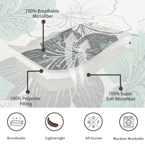 3 Pieces Floral Quilt Set Queen Green Floral Boho Bedding Coverlet Sets With 2 Pillowcases Soft Microfiber Gray Quilted Bedspread For All Season 90"X90" #TOP2