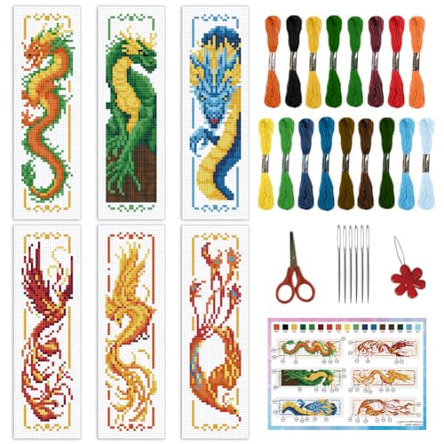 Image of INFUNLY 6PCS Dragon Cross Stitch Bookmark Kit for Adults Phoenix Cross Stitch Kits DIY Crossstitch Kits Chinese Traditional Stamped Embroidery Bookmark Kit with Instructions for Book Lovers Readers