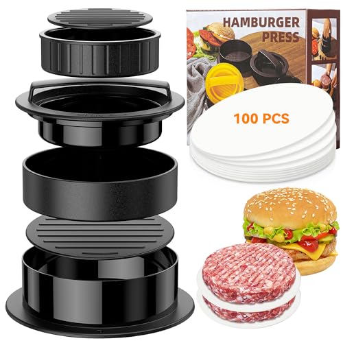 HOOMIL Burgerpresse, 3-in-1 Hamburgerpresse Set, [Spülmaschinenfest] Profi Burger Patty Presse mit 100 Blatt Antihaft Burgerpapier für leckere Hamburger, Patties - Schwarz