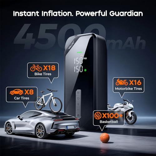 Image of Car Tire Inflator Portable Air Compressor-150 PSI Tire Pump for Car Tires, Electric Bike Tire Pump, Cordless Bike Pump with Digital Pressure Gauge, 4 Preset Modes for Car Bike Motorcycle Balls