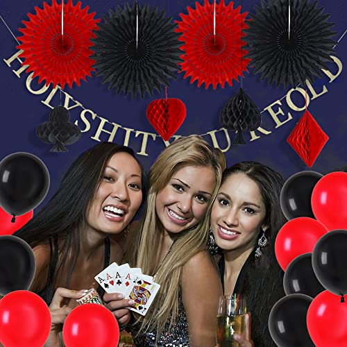 Easy Joy Las Vegas Casino Themed Birthday Party Decoration Poker Party Happy Birthday Cake Topper Glitter Gold Holy Shit You're Old Banner And Latex Balloons, Black Red #TOP3