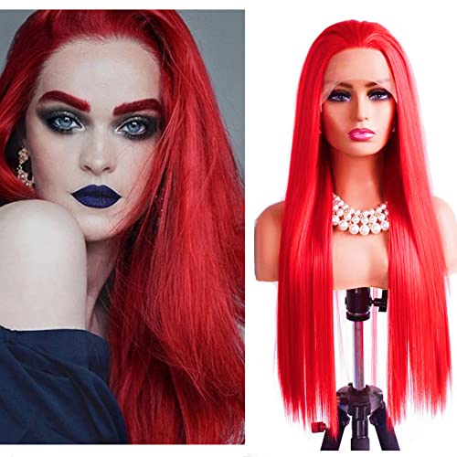 Greenmirr lange gerade rote Lace Front Perücken 13 x 3 synthetische Spitzen-Ersatzhaare 24 Zoll für die tägliche Cosplay-Party Cover