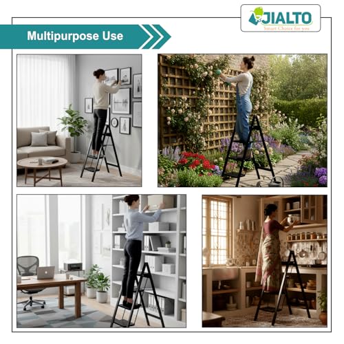 Image of JIALTO 4 Step Metal Ladder for Home, Foldable Lightweight Stepping Stool with Wide Pedals, Anti Slip Heavy Duty 150 Kg Capacity, Portable for Kitchen, Office & Library (Black)