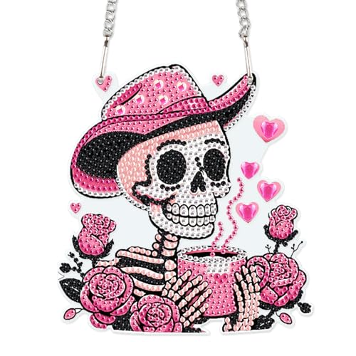 Image of AiYuanzsh DIY 5D Diamond Art Hanging Rose Skull, Pink Skeleton Wall and Door Pendant, Diamond Painting Ornament with Rhinestones for Halloween, Western, Valentine's Day Home Decor