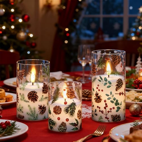Image of GenSwin Christmas Flameless Candles Battery Operated with Pinecone Decals, 3 Pcs Glass Flameless Candles with Remote Timer and 3D Flickering Flame for Christmas Holiday Decor(Set of 3, D3 inch x 4 inch5 inch6 inch)