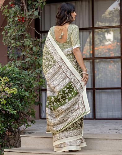 Image of SIRIL Women's Cotton Printed Saree with Unstitched Blouse Piece