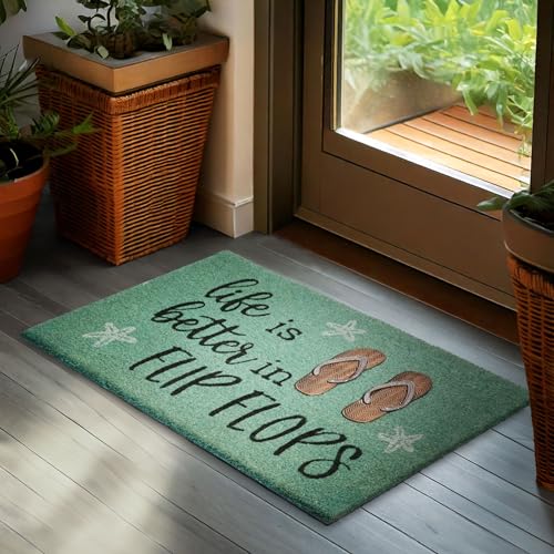 BRUBAKER Fußmatte für Außen und Innen - Life is Better in Flip Flops - 45 x 75 cm Schmutzfangmatte aus 100% Kokos - Antirutsch Fußabtreter Wetterfest und rutschfest für Haustür - Türkis