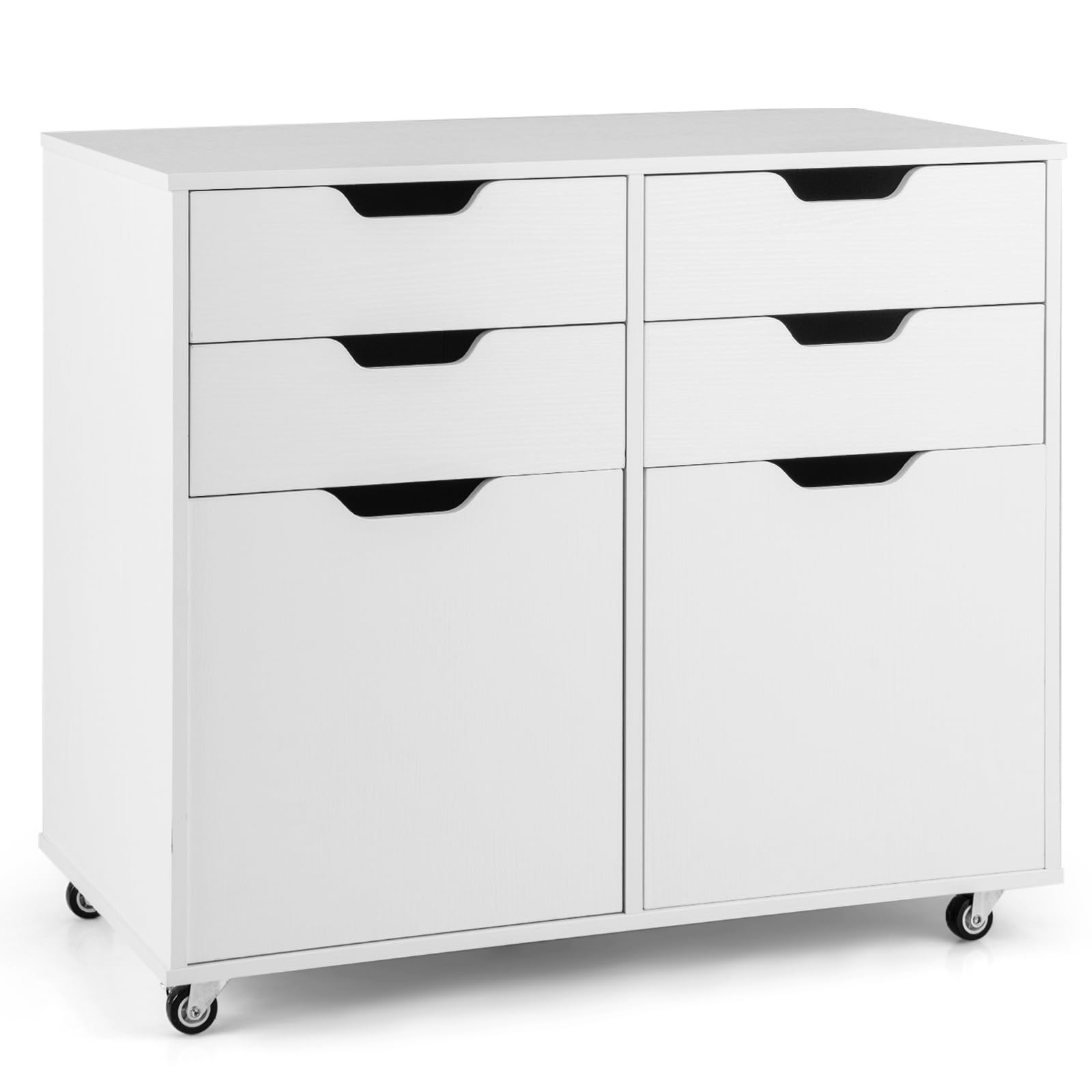 SFAREST Mobile File Cabinet with Drawers, Multifunctional Wooden Printer Stand with Door & Wheels, Stationery Rolling Filing Cabinet and Home Office Drawer Chest(White,4 Drawers+2 Doors)