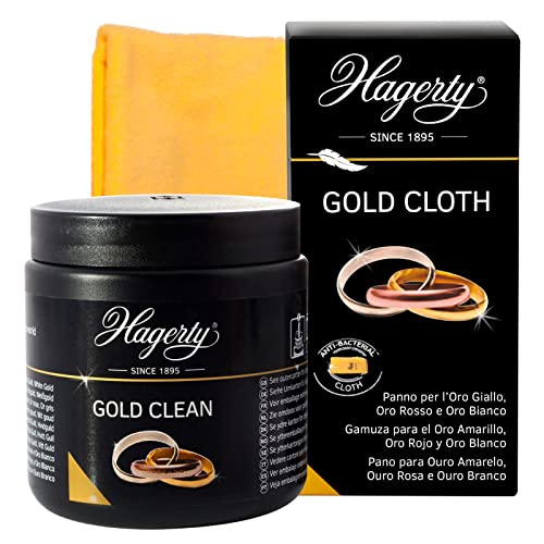 Hagerty Gold Clean BAÑO PARA ORO 170ml, Limpieza por inmersión eficaz para joyas de oro amarillo blanco rosa y rojo + Hagerty Gold Cloth Paño de limpieza de oro 36x30cm, limpia oro de algodón
