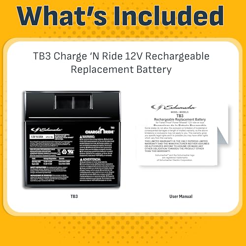 Schumacher Electric 12V Battery for Ride on Toys - TB3 12V 9.5 Amp Hours & Replaceable Fuse - Rechargeable 12V Ride On Replacement Battery for Fisher-Price Power Wheels Vehicles - Safe & Easy to Use