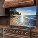 Tempered Glass Backsplash, Seaside Shoreline Glass Backsplash, Kitchen Backsplash Behind Stove, Glass Backsplash for Kitchen Wall, Easy to Install Stove Backsplash