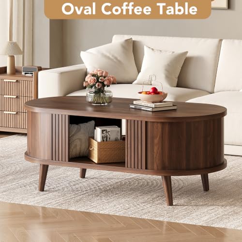 47.2" Oval Fluted Coffee Table with Storage, Fluted Mid-Century, Walnut - Image 5