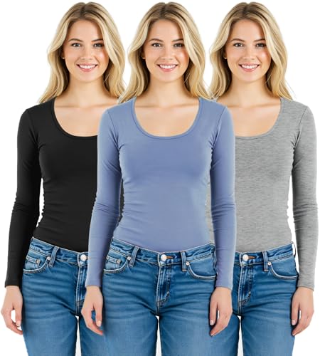 Emmalise Women's Basic Athletic Fit Tshirt Long Sleeves Round Crew Neck Tee
