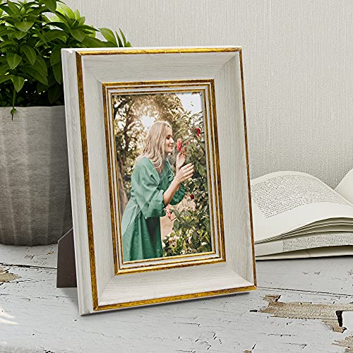 Sapowerntus Vintage 4X6 Picture Frame White Distressed Gold Edging Photo Frames Set Antique Farmhouse Real Glass Wall Hanging Tabletop Display Home Decor Wooden Grain Unique Gift #TOP1