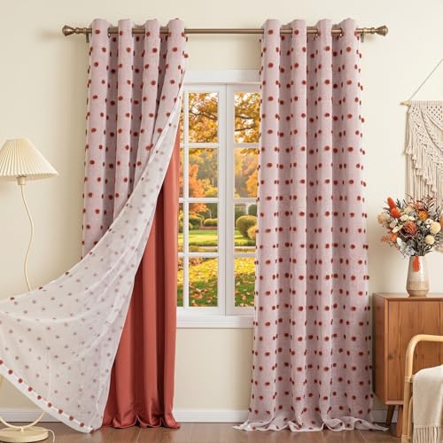 MYSKY HOME Terracotta Blackout Pom Pom Sheer Curtains 90 Inches 2 Panels
