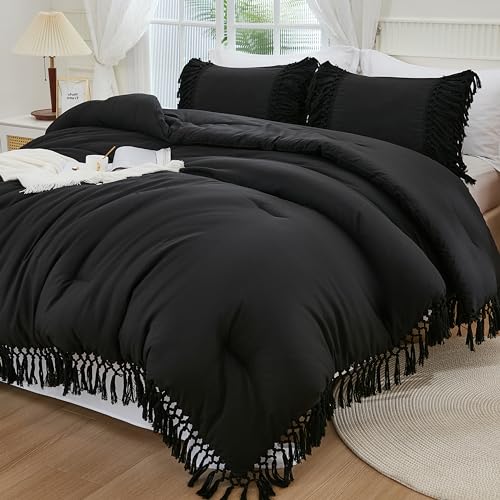 Image of Andency Black Full Size Comforter Set, 3 Pieces Boho Tassel Lightweight Soft Bedding Comforter Sets, All Season Fluffy Fringe Bed Set (79x90In Comforter & 2 Pillowcases)