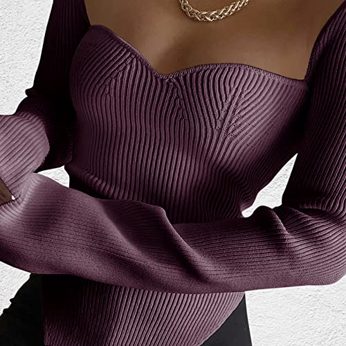 Image of Women's Square Neck Ribbed Knitted Sweater Long Sleeve Crop Slim Fitted Basic Pullover Tops