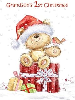 Doodlecards Grandsons 1st Christmas Card Cute Bear with Parcels - Medium Size