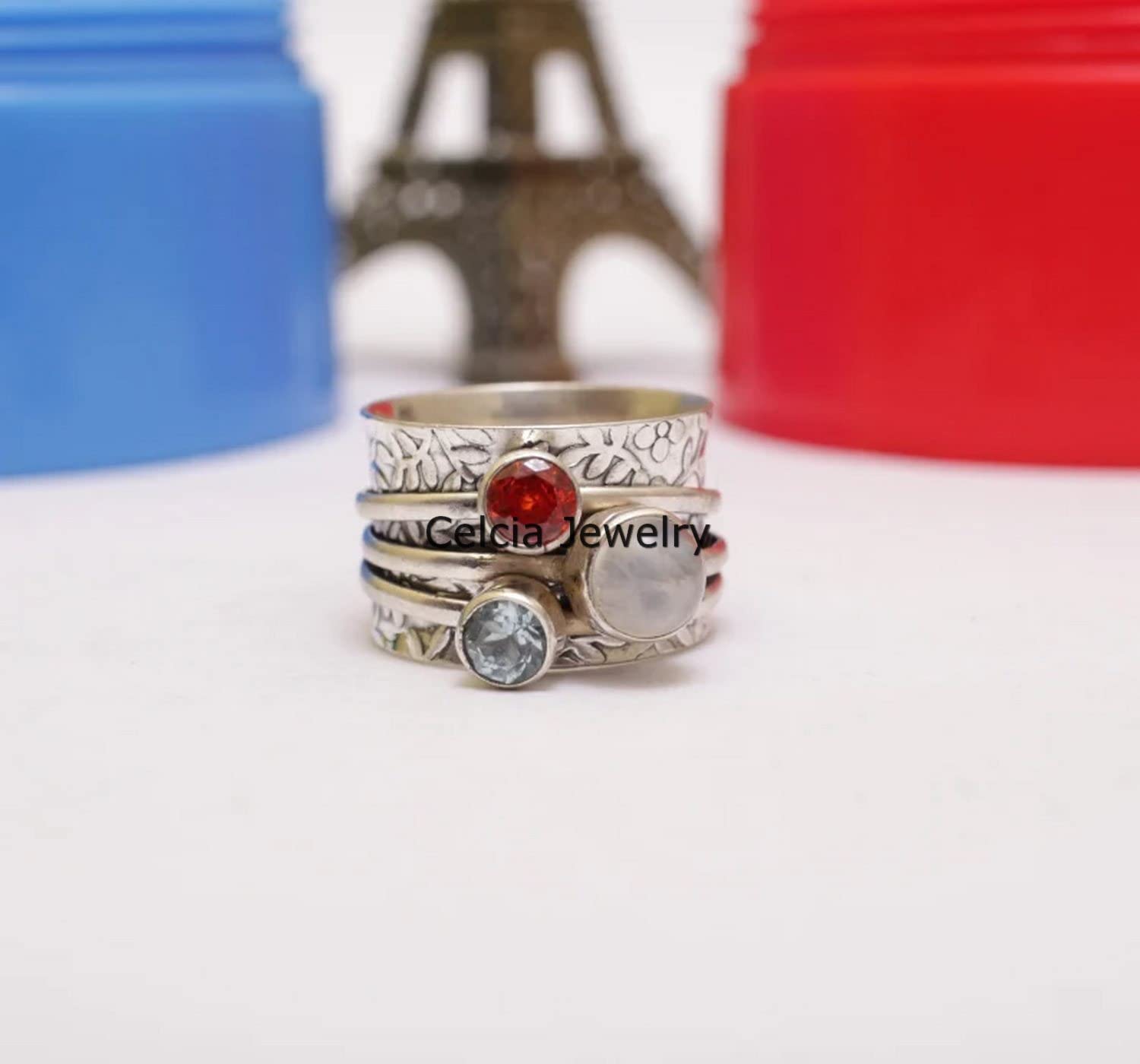 Mondstein, Granat und blauer Topas 3-Stein-Spinnring, einzigartiger Designer-handgemachter feiner Schmuck, Meditations-Spinner-Ring, Angst-Fidget-Ring, erstaunlicher Geburtsstein-Ring