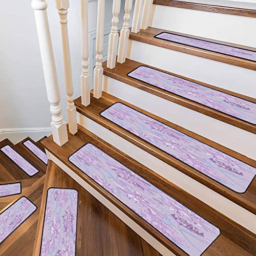 Stair Treads Carpet Purple Asters Seamless Abstract Print Floral Stair Mats Non-Slip Soft Bullnose Carpet Stair Treads For Wooden Steps Camper For Kids Elders Pets Dog, 15Pcs #TOP4
