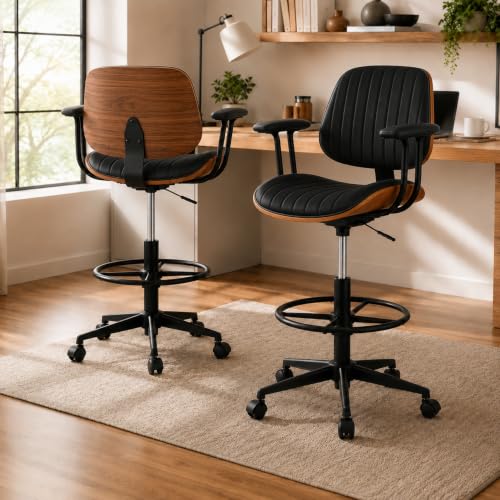 Image of Drafting Chair for Standing Desk, Arms Tall Office Chair with Bentwood Backrest, Adjustable Height, Footrest Ring and Swivel Seat, PU Leather (Black)