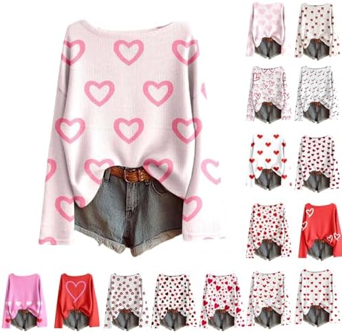 Valentines Sweater Women Loose Cute Heart Love Knitted Top Casual Romantic Crewneck Long Sleeve Sweaters Pullover